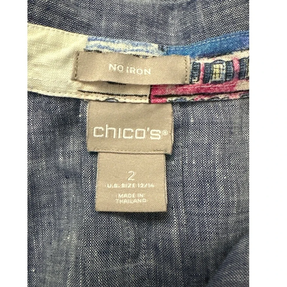 Chicos Blue Linen No Iron Button Down Shirt 3/4 Sleeve Size 2 12/14 - Picture 5 of 6